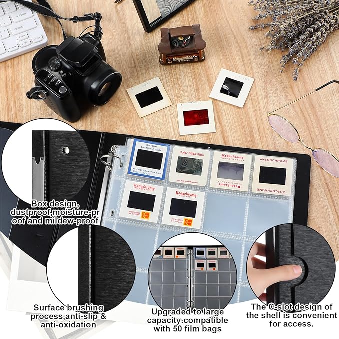 Protective Photo Slide Storage Box Set - 50 Pages Acid Free Protector 3 Ring Pocket Binder With Plastic Sleeves - Holds 20 35mm Slides Each Page - Presentation Book for Organizing