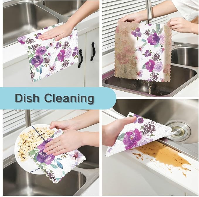 CaTaKu Purple Flower Microfiber Reusable Cleaning Cloths Kitchen Dish Cloths Dish Rags for Washing Dishes, Watercolor Rose Dish Towels Washcloths for Kitchen Drying, 6 Pack