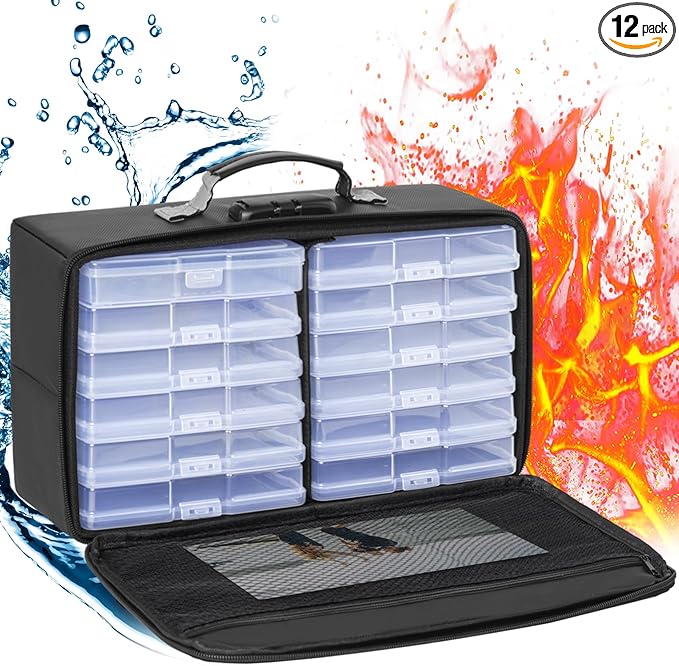 IBVIVIC Fire-resistant Photo Storage Box with 12 Inner 4" x 6" Photo Case(Clear),Photo Box Organizer with Lock
