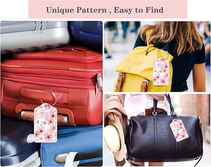 (Set of 2) Luggage Tag Leather Privacy Cover ID Label Address Card with Stainless Steel Loop, Travel Bag Tags Suitcase Labels, Misty Pink