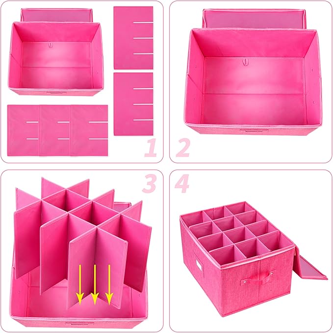 Stemware Storage Cases, Hard Shell Wine Glass Storage Box Containers with dividers for 12 Wine Glasses, Drinkware, Glassware or Crystal 17" x 13" x 10"H (Pink)