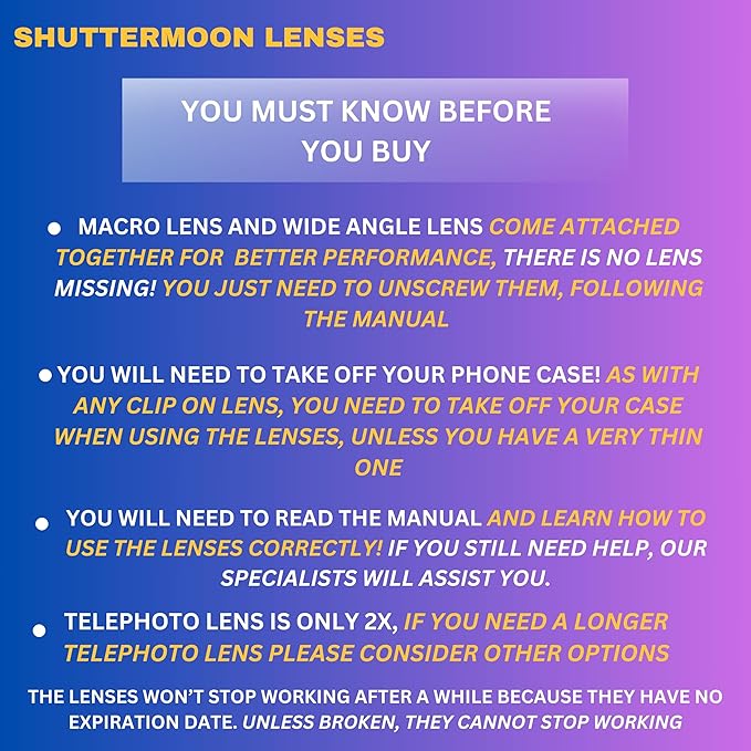SHUTTERMOON Camera Lens Kit Smartphones/Pixel/Samsung/Android Phones Camera. 2xTele Lens ZoomLens+Fisheye Lens+0.36XSuper Wide Angle Lens & 20X Macro Lens CPL.Blue &Red Filter Filter