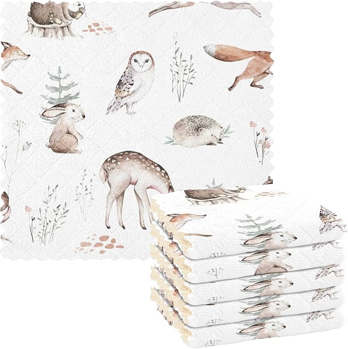 CaTaKu Watercolor Woodland Animals Kitchen Cloths, 6 Pack Reusable Dish Rags for Washing, Microfiber Cleaning Cloths Dish Towels Washcloths for Kitchen Drying