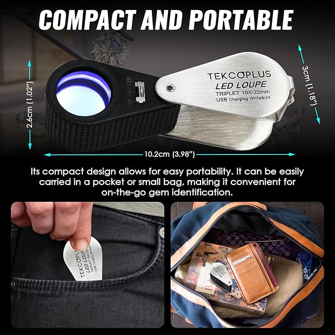 10x Jewelers Loupe Magnifier with UV & LED Lights, 22mm Triplet Lens Rechargeable Jewelers Loupe Foldable Jewelry Magnifier Portable Jewelry Magnifier Inspection Loupe for Gems, Jewelry, Coins, Rocks