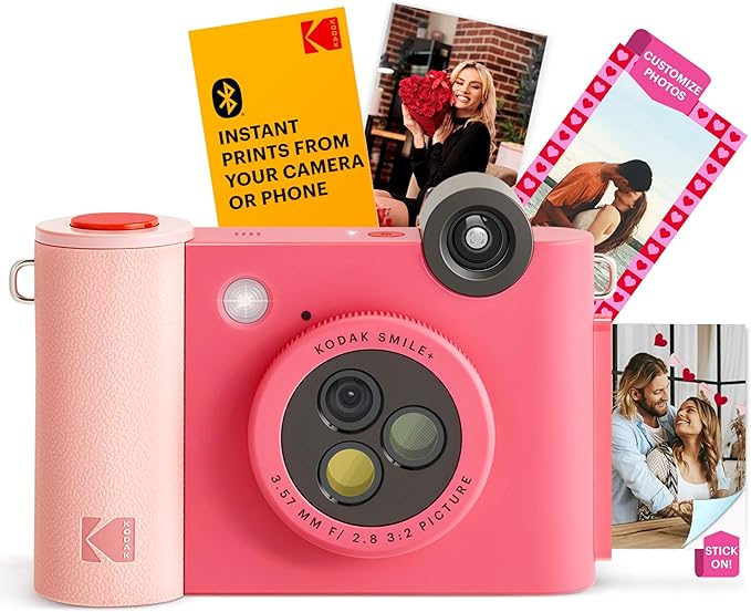 Kodak Smile+ 2-in-1 Digital Instant Print Camera & Wireless Bluetooth Photo Printer - 10MP, Special-Effect Rotating Lens, Zink 2x3” Sticky-Back Photos, Print via Fun App from Smart Devices - Fuchsia