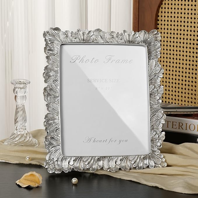 Cuspin Silver 8x10 Picture Frame, Vintage Silver Ornate Palm Leaves Textured Hand-Crafted Resin with Glass Front, Elegant Retro Design Photo Frame for Wall Hanging and Tabletop Display Home Decor