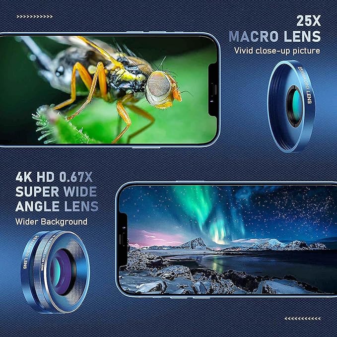Phone Camera Lens Kit Upgraded Version — Includes 22X Telephoto Lens, 205° Fisheye Lens, 0.67X Wide Angle Lens, 25X Macro Lens, Clip & Mini Tripod for iPhone and Android Phones