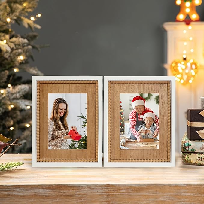 RiteSune Rustic 2 Picture Frame 5X7 Distressed Photo Frames with Beads for Tabletop Display, Vintage Picture College Frame for Present