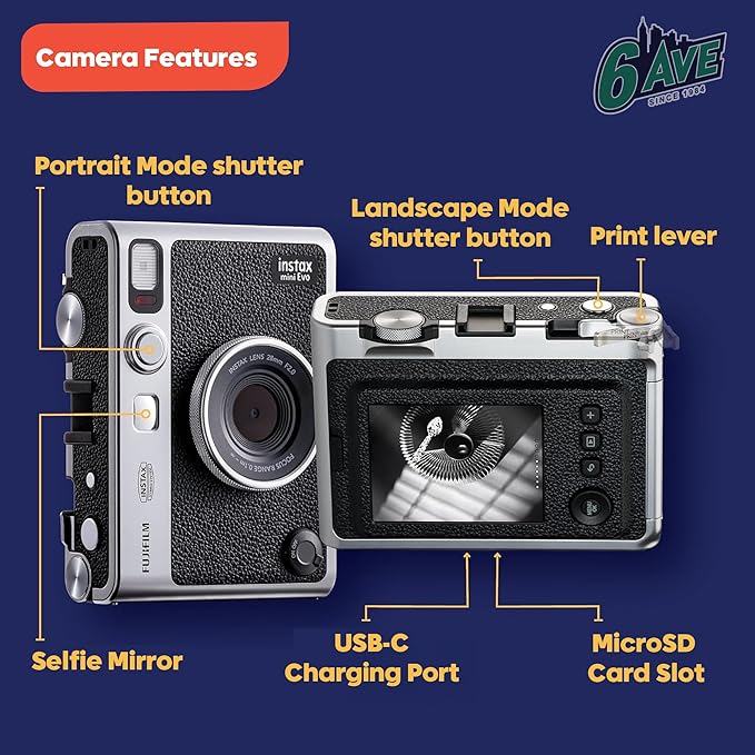 Fujifilm Instax Mini EVO Hybrid Instant Camera (Black) Bundle with Instax-Mini Twin Pack Instant-Film 20 Sheets + 32GB Memory Card + Vintage Black Mini-Evo Camera Case + Cleaning Cloth