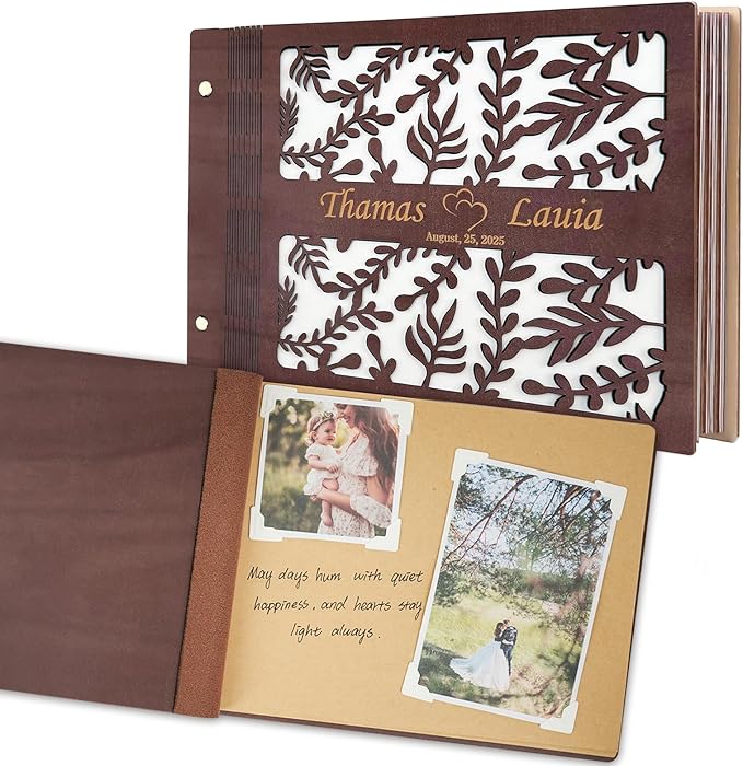 Custom Wedding Scrapbook Album, Personalized Wooden Wedding Photo Albums Carved Flowers and Engraved Names, Anniversary Memory Birthday Engagement Keepsake Gifts