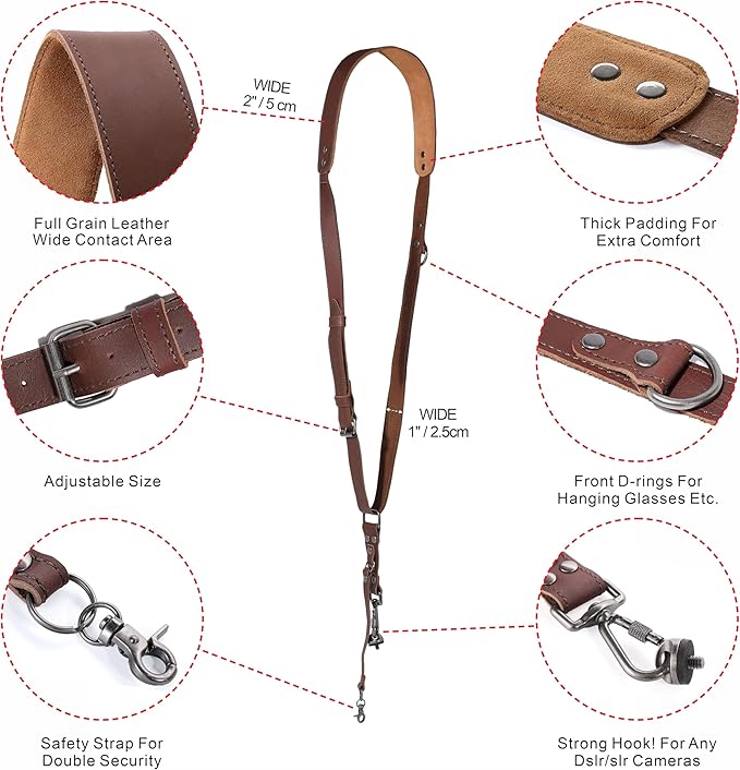 Padwa Lifestyle Dark Brown Single Camera Harness Strap for One Camera - Professional Single Full Grain Leather Cowhide Camera Harness,Quick Release Gear DSLR Camera Straps for Photographers