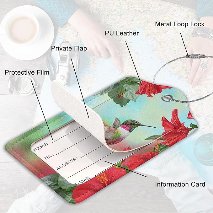 2 Pack Leather Luggage Tag for Suitcase Hummingbird and Hibiscus Unique Travel Tags with Privacy Cover ID Label & Stainless Steel Loop for Men and Women Baggage