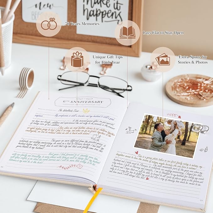 Lanpn Wedding Anniversary Journal Notebook - Linen First Year to 70th Anniversary Scrapbook Memory Book for Couples - Newlywed Marriage Journal Wedding Anniversary Book Gifts (Grey, 190 Pages)