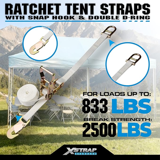 XSTRAP STANDARD 4PK 1" Ratchet Tent Straps with Snap Hook & Double D-Ring - 12ft Heavy Duty Tie Downs for Canopies, Tents, Inflatables, Camping, Event