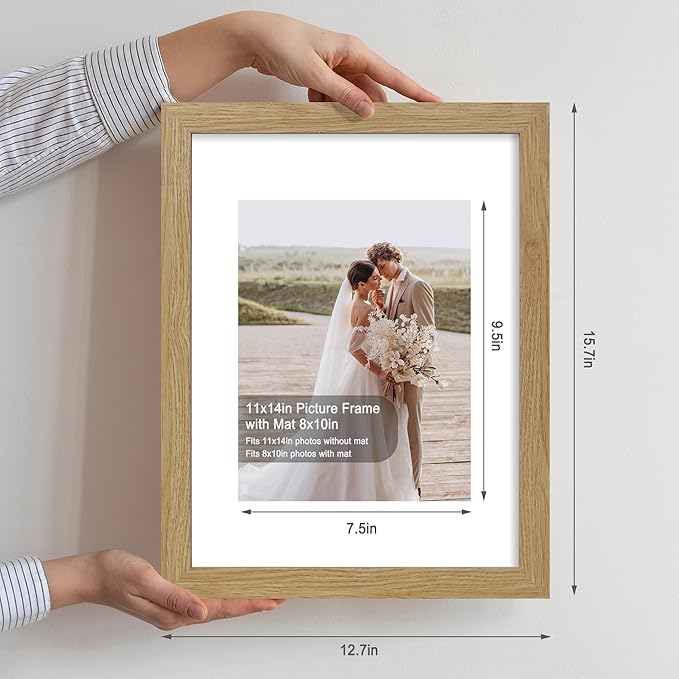 11x14 Picture Frame Set of 4, Made of Glass and Natural Oak Wooden Frame, Display 8x10 Pictures with Mat or 11 x 14 Posters without Mat for Wall Mounting, Gallery Photo Frames