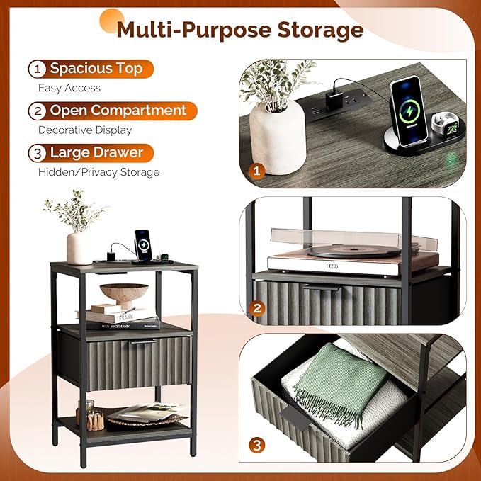 Bonnlo Fluted Nightstand Set of 2, End Table with Fabric Drawer with Charging Station, Night Stand with Storage Shelf & Handle, Fluted Side Table for Bedroom/Living Room,Grey
