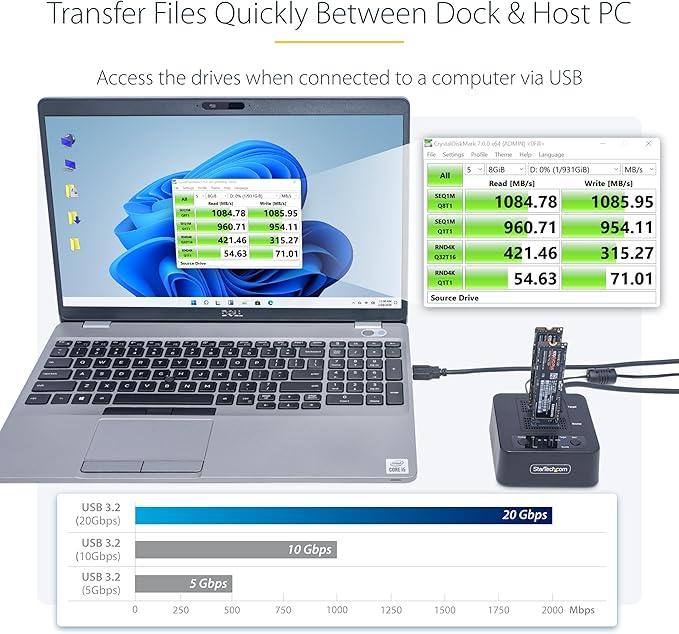 StarTech.com 1:1 M.2 NVMe Drive Duplicator, 90GBpm Standalone SSD Cloner/Copier, USB-C 3.2 20Gbps M.2 Dual-Bay Drive Dock, Black