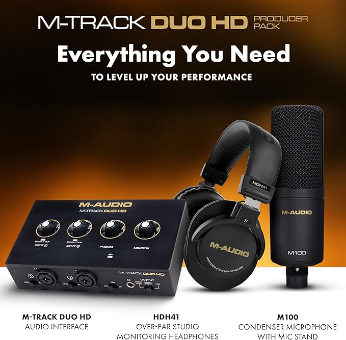 M-AUDIO M-Track Duo HD Audio Interface, M100 Condenser Microphone and HDH41 Studio Monitoring Headphones for Recording, Producers, Content Creators and Podcasters
