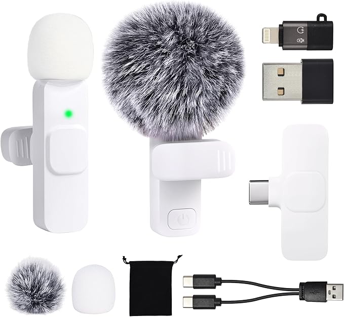 Mini White Microphone for iphone Android Phone Tablet ipad PC, Usb C Wireless Lavalier Mic for Video Recording Vlogging Youtube Tiktok Podcast Interview content creators, Tiny Microphones Clip on Mics