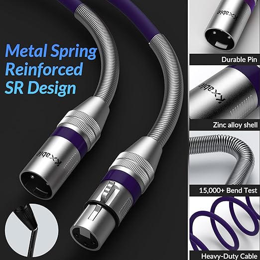 XLR Microphone Cable 20 FT, XLR Male to Female Balanced Mic Cable, 3-Pin Shielded Speaker Cord, Zinc Alloy Connectors, 22AWG Pure Copper, Metal Spring SR, Recording Studio, Podcast, Purple