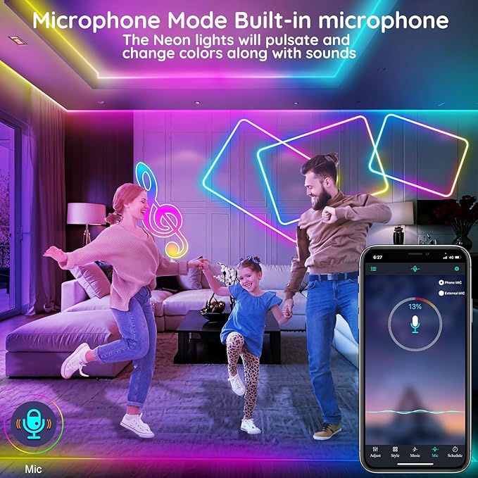 FBZ 60Ft Led Rope Lights, Flexible Neon Lights Control with App/Remote, Multiple Modes, IP65 Outdoor RGB Waterproof, Music Sync Gaming Light Strip for Bedroom Decor