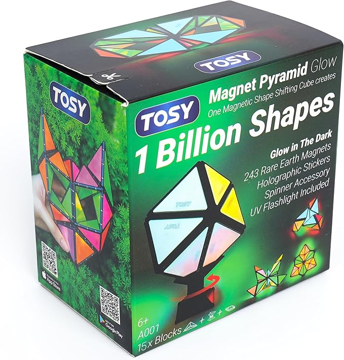TOSY Magnet Pyramid Glow - 1 Cube Transforms into 1 Billion Shapes (Bunny, Egg Basket, Flowers, Heart), Easter Valentine Gift, 12 pcs, 243 Magnets, Glowing, Holographic Design, Puzzle/STEM Toy
