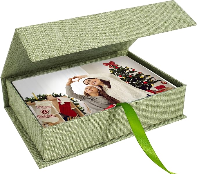 Hiwhy Photo Storage Box 5x7, Linen Photo Box, Memory Box Perfect to Store Your Photo, Pictures, Certificates, Scrapbooking Supplies, Keepsakes and Jewelry Grassgreen