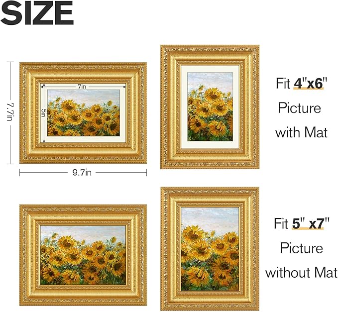 5x7 Gold Picture Frames Set of 2, Ornate Vintage 5 x 7 Photo Frames for Wall Decor or Tabletop Display,5 x 7 Gold Frame with Real Glass, Display 4x6 Pictures with Mat or 5x7 without Mat for Antique Déco