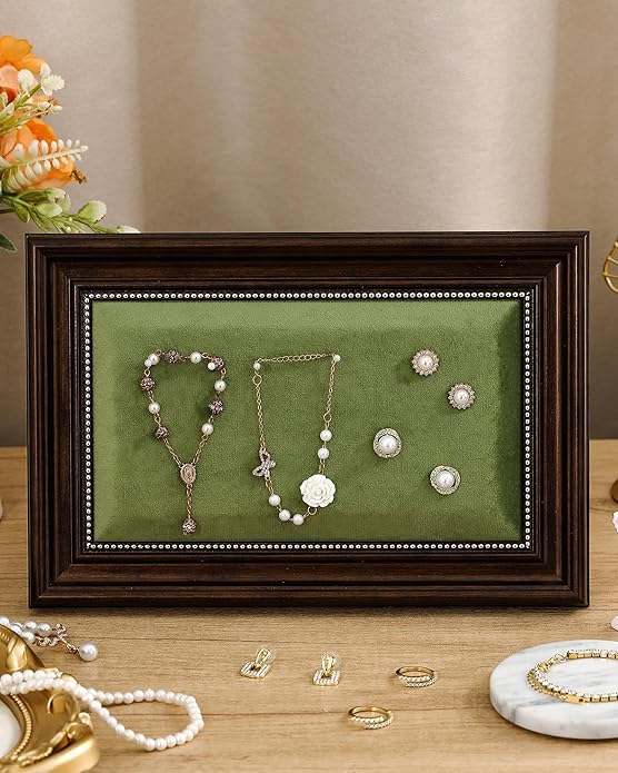 Vintage Jewelry Display Stand Necklace Earring Ring Holder 11.8 x 7.9 Inch Jewelry Tray Storage Photograph Prop Photo Frame with Green Velvet Backing for Selling Vendors Boutique Women Gift