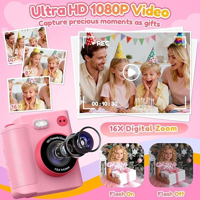 Gift for Girls Kids Camera: Instant Print Dual Lens Digital Camera Toys for Girl 3-12 Birthday Christmas Valentines Gifts for Kid Girls Boys Ages 3 4 5 6 7 8 9 10 with 32G SD Card Storage Bag Pink