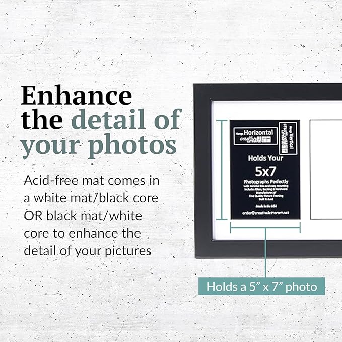 Creative Letter Art 4 Opening Glass Face Black Picture Frame to hold 5 by 7 inch Photographs including 10x24-inch White Mat Collage