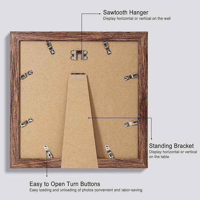 10x10 Picture Frame Set of 4, Made of Glass and Rustic Brown Wooden Frame - Display Picture 8x8 with Mat or 10 x 10 Without Mat, 10 by 10 Photo for Wall or Tabletop