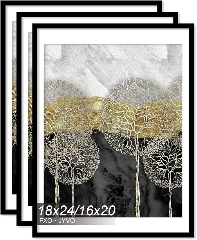 18x24 Picture Frame Set of 3, Display Poster 16x20 with Mat or 18 x 24 Without Mat, Light Weight and High Transparent 18 by 24 Frame for Wall - 3 Pack/Black/18 x24