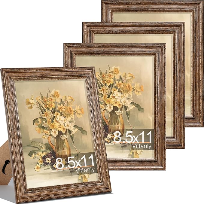 Vittanly 8.5x11 Picture Frame Set of 4, Vintage Photo Frame for Wall Mount, Display 6x8 Pictures with Mat or 8.5x11 without Mat, Rustic Farmhouse Home Decor, Walnut