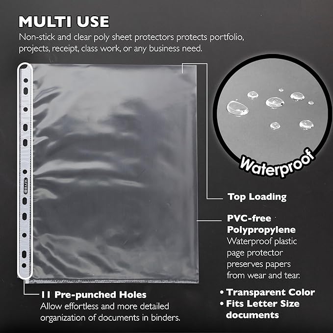 BAZIC Products Sheet Protectors Economy, Fit 8.5x11 Inch Paper, 11 Hole Clear Plastic Sleeves Ring Binder Sheets, Archival Safe (20/Pack), 36-Packs