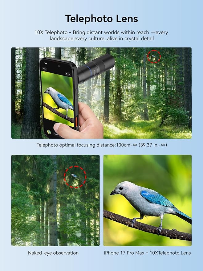 MIAO LAB HD 10X Telephoto Lens & 200mm Macro Lens, 2-in-1 Aluminum Phone Camera Lens Kit with 17mm Lens Thread Interface Mobile Phone case. Phone Lens Attachment Fit for iPhone 17 Pro Max