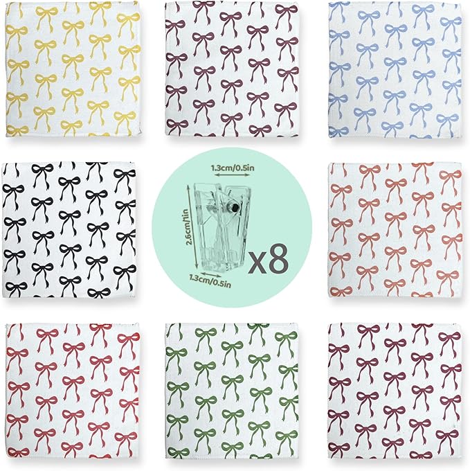 8-Pack Ultra-Fine Microfiber Kitchen Towels, 7-Inch Square with 8 Clips & Multiple Patterns – Soft, Absorbent, Reusable Cleaning Cloths (Bows)