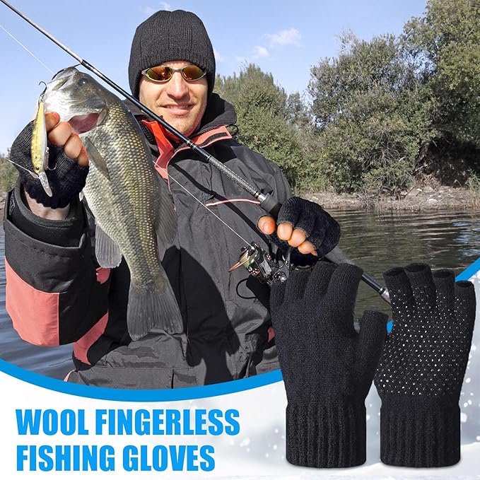 Geyoga 2 Pairs Wool Fingerless Fishing Gloves for Men Women Anti-Slip with Grip Dots Warm Winter Fly Ice Fishing Gloves