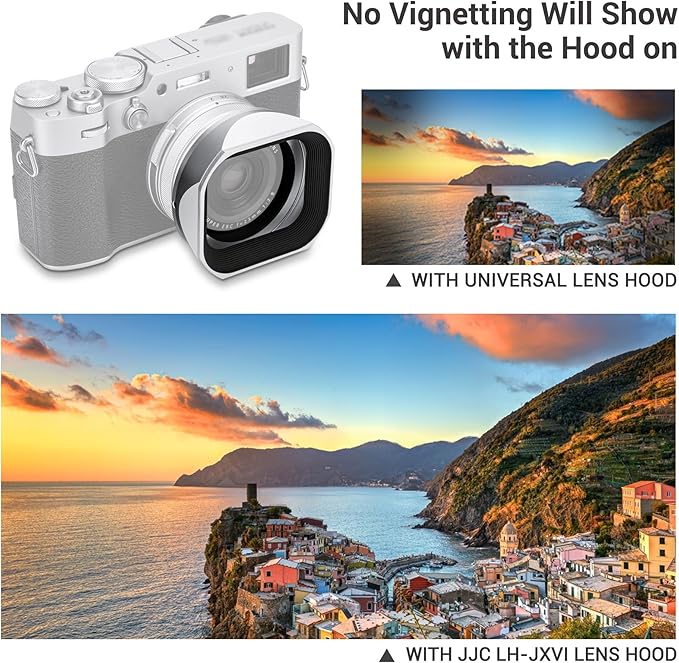 JJC LH-X100 Metal Square Lens Hood with AR-X100 49mm Adapter Ring for Fuji Fujifilm X100VI X100V X100F Cameras, LH-X100 Lens Hood with Filter Adapter Ring, Allows to Attach 49mm UV/ND/CPL Filter