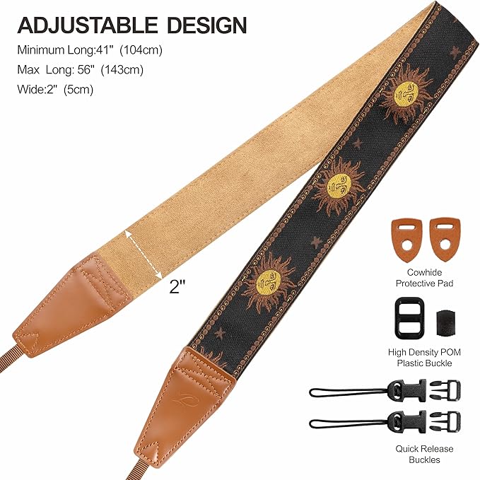 Padwa Lifestyle Sun God Camera Strap - 2" Full Grain Leather Ends, Vintage Sun Face Camera Straps for Photographers, Soft Chamois Velvet Padded Strap Quick Release fits All Cameras