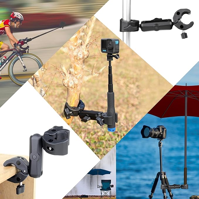 GEPULY Umbrella Clamp for Chair 5.5lb Load, 20-50mm Double Super Camera Mount, Aluminum Magic Arm Dual Ball Head Heavy Duty for Handlebar/Tripod/Stroller Wheelchair/Desk/Pole/Cross Bar/Motorcycle