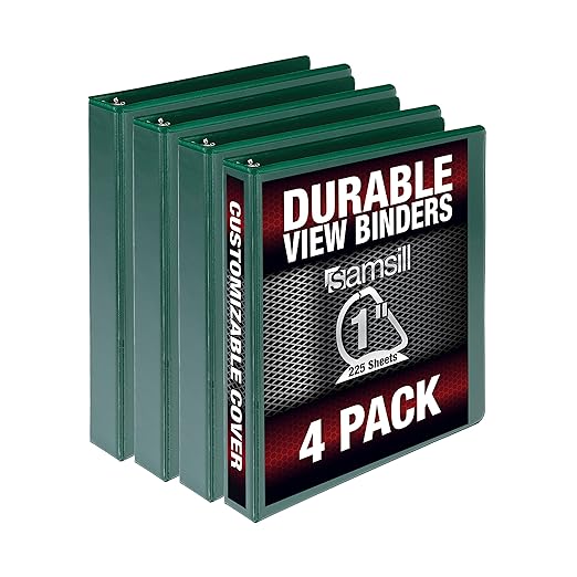 Samsill Durable 1 inch 3 Ring Binder, Made in USA, D Ring Binder, FSC 100% Recycled Chipboard, Green, 4 Pack
