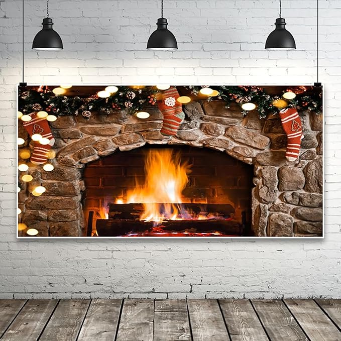 CSFOTO 20x10ft Vintage Brown Brick Wall Burning Fireplace Background Gold Glitter Sequins Country Farm Christmas Living Room Decoration Background Winter House Photo Studio Props
