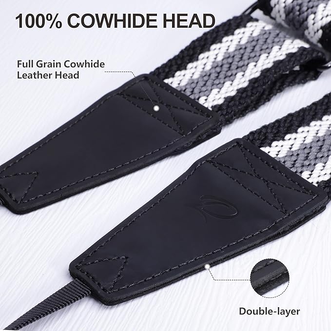 Padwa Lifestyle Adjustable Camera Strap - 2" Top Layer Cowhide Head Camera Straps for Photographers,Soft Cotton Rope Crossbody Strap with Quick Release fits All Cameras - Black Gray Stripes