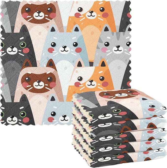 CaTaKu Cute Cats Microfiber Reusable Cleaning Cloths Kitchen Dish Cloths Dish Rags for Washing Dishes, Animal Dish Towels Washcloths for Kitchen Drying, 6 Pack