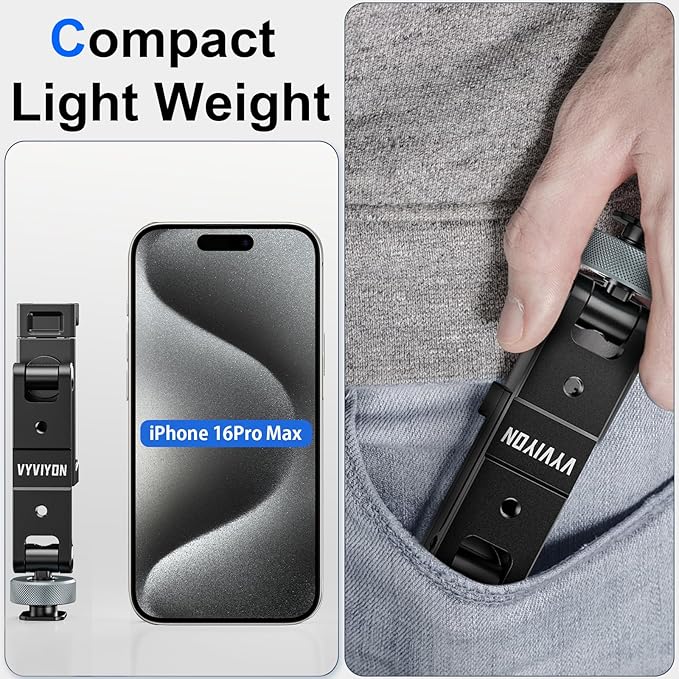 Metal Phone Tripod Mount with 3 Cold Shoe 1/4" Thread, 180° Tilt, 360° Rotation Universal Aluminum Cell Phone Stand Holder for iPhone Samsung Smartphone Clamp Adapter for Desktop Tripod Video