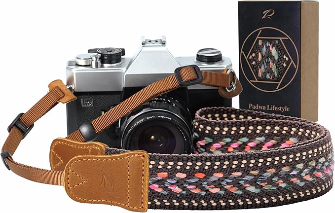 Padwa Lifestyle Speed Gray Camera Strap - 1.5" Soft Cotton Rope Weave Crazy Horse Cowhide Head Camera Straps for Photographers and All Cameras,Cute Adjustable Vintage Woven Strap for Adults & Kids