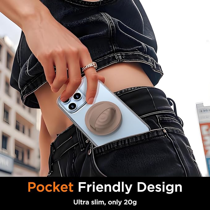 Upgraded Magnetic Phone Grip, Liquid Silicone Soft and Portable, Removable Finger Loop Ring Grip Holder for iPhone, Strong Magnetic Attraction, Compatible with MagSafe Phone Case, Light Brown