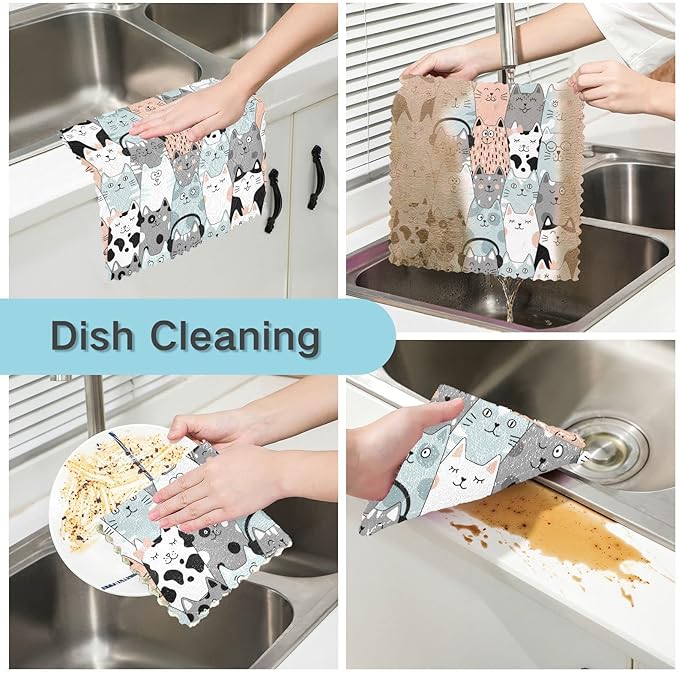 CaTaKu Cute Cat Funny Kitchen Cloths, Reusable Dish Rags for Washing, Microfiber Cleaning Cloths Dish Towels Washcloths for Kitchen Drying, 6 Pack
