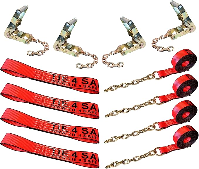 Mega Cargo Control Red Heavy Duty 8 Point Tie Down RollBack Tow Set with Ratchet Chain Extension - Side Mount Towing Straps for Flatbed, Truck, Trailer
